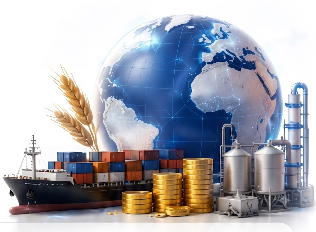 Globe surrounded by real-world assets — cargo, commodities and coins